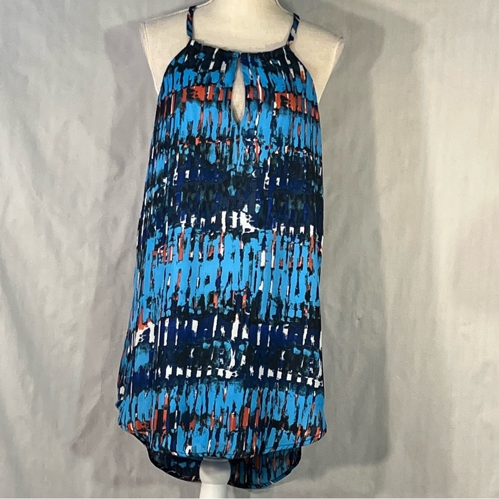 BB Dakota Summer Spring Blue Multi Color Sleeveless Shirt Tail Mini Dress XS 👍